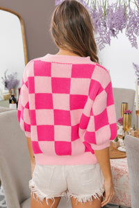Pink Checkered Puff Sleeve Sweater