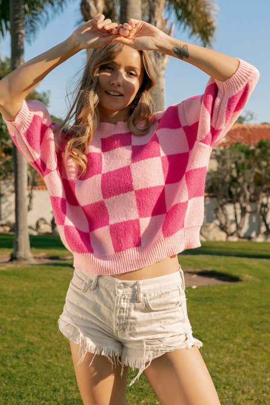 Pink Checkered Puff Sleeve Sweater