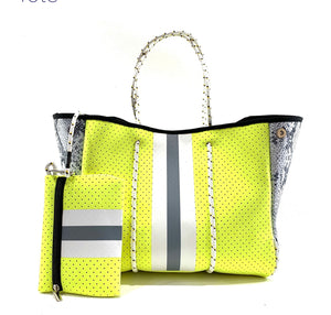 Neon Yellow with Gray Stripes Neoprene Tote