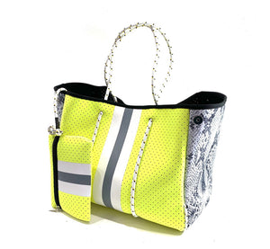 Neon Yellow with Gray Stripes Neoprene Tote